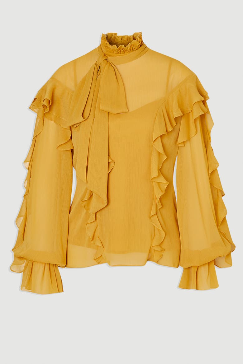 Georgette Ruffle Woven Pussybow Blouse, Alternate, color, Ochre