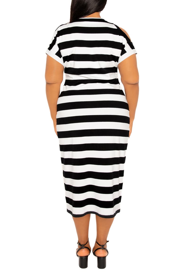 Stripe Cold Shoulder Gathered Waist Jersey Midi Dress, Alternate, color, BLACK STRIPE