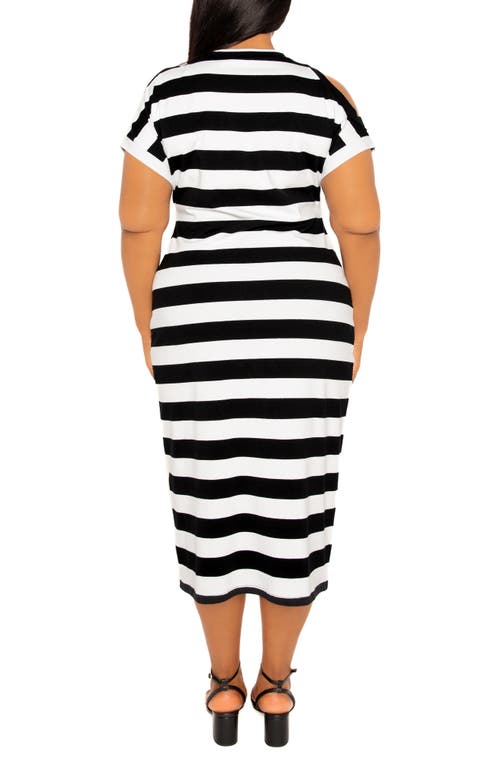 Buxom Couture Stripe Cold Shoulder Gathered Waist Jersey Midi Dress In Black