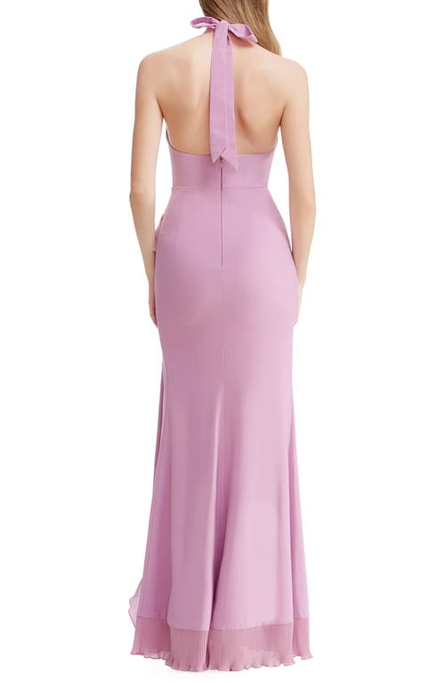 DRESS THE POPULATION DRESS THE POPULATION KATHLEEN RUFFLE HALTER GOWN WITH TRAIN