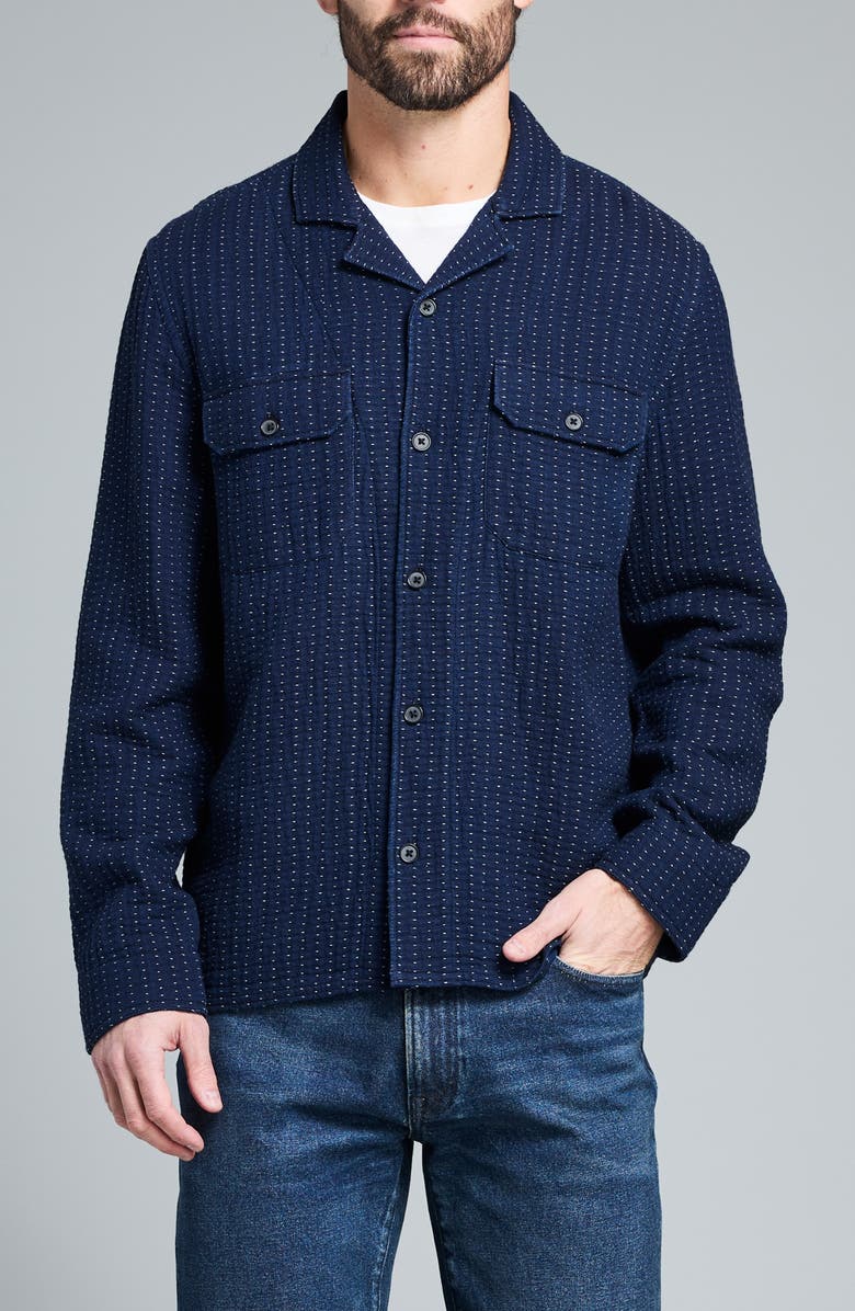 Billy Reid Pin Dot Cotton Dobby Overshirt, Main, color, Carbon Blue