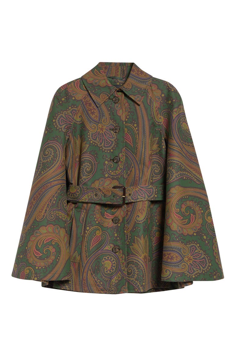 Belted Paisley Gabardine Cape, Alternate, color, GREEN