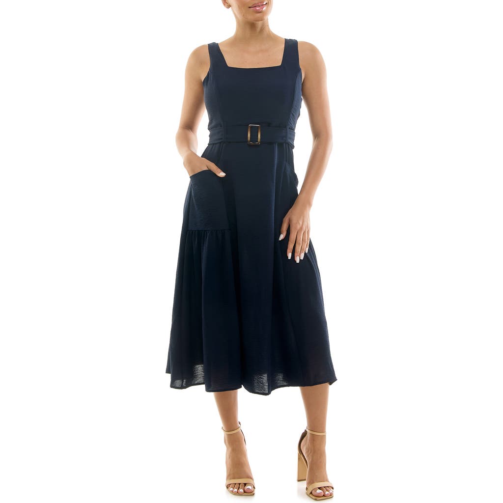 Nina Leonard Square Neck Sleeveless Belted Midi Dress
