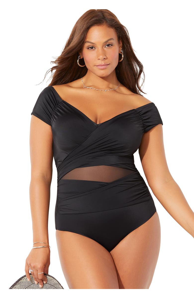Swimsuits for All Cap Sleeve Cut Out One Piece Swimsuit, Main, color, Black