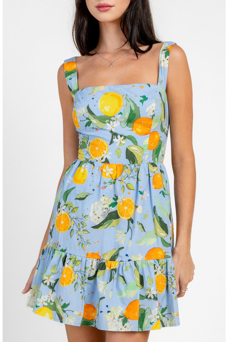 Lemon Print Cotton Fit & Flare Minidress, Main, color, PERI BLUE