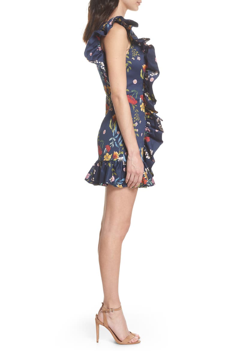 C/MEO No Matter One-Shoulder Ruffle Minidress, Alternate, color, NAVY FLORAL