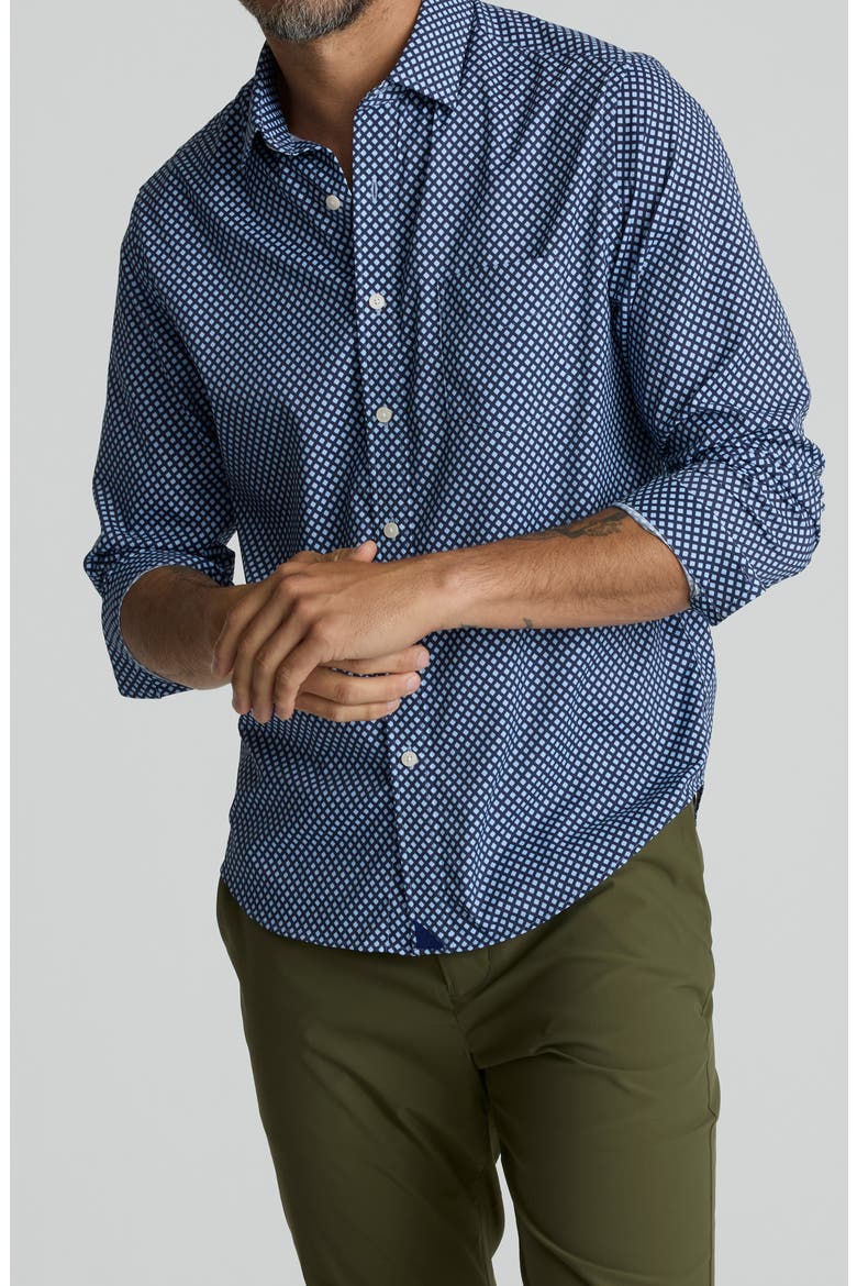 Marshall Geo Print Performance Button-Up Shirt, Main, color, NAVY