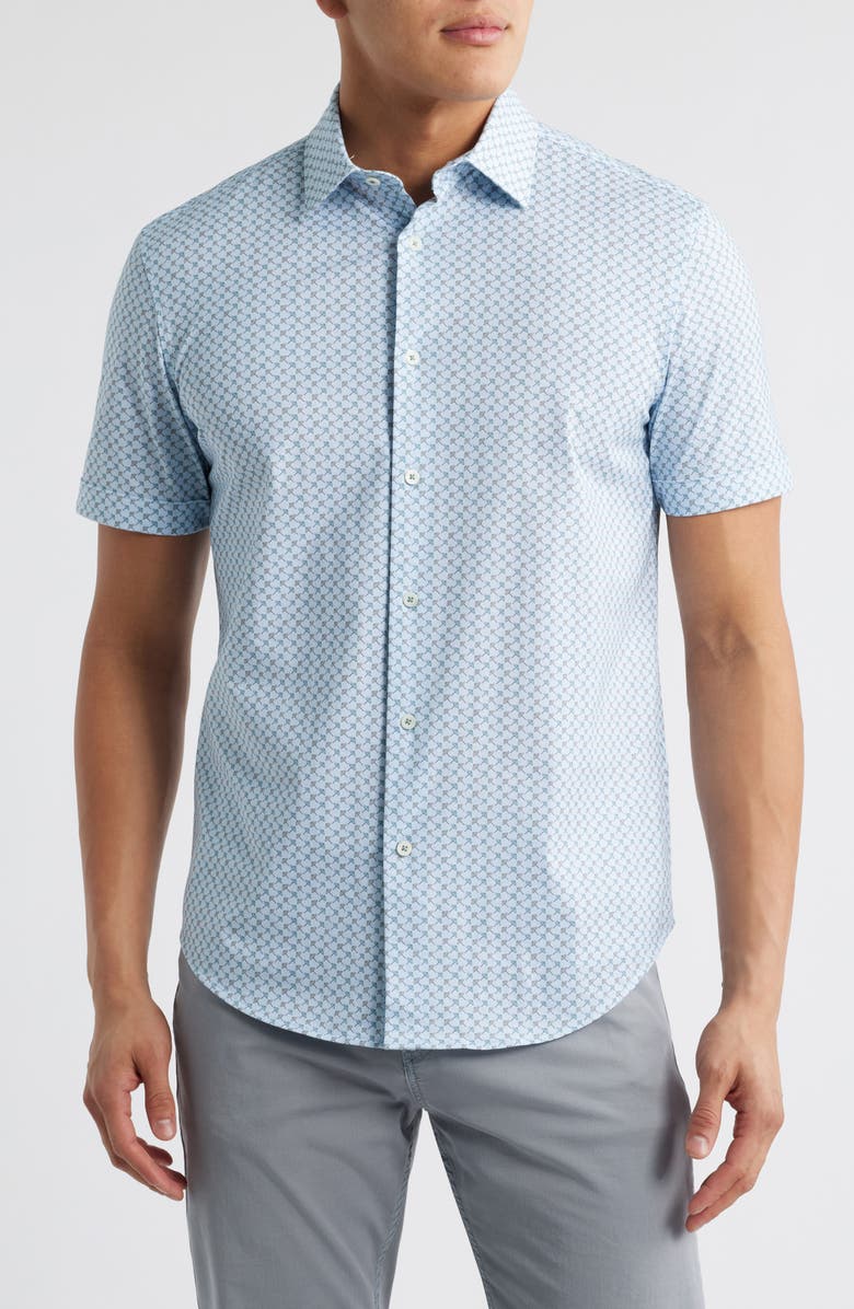 Bugatchi Miles OoohCotton<sup>®</sup> Beach Umbrella Print Short Sleeve Button-Up Shirt, Main, color, Menthol