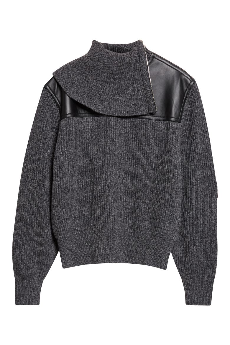 Wool & Cashmere Sweater with Leather Yoke, Main, color, 8813 DARK GREY MELANGE