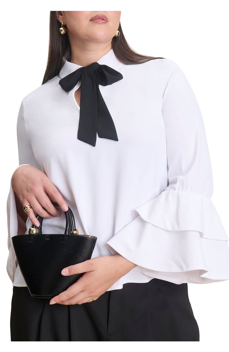 ELOQUII Ruffle Sleeve Collared Top, Main, color, White