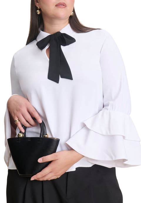 Ruffle Sleeve Collared Top (Plus Available)