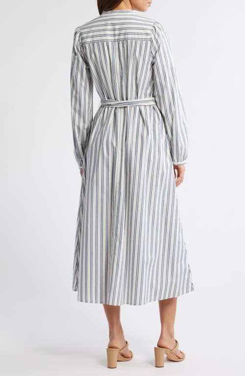 Caslonr Caslon(r) Smocked Shoulder Long Sleeve Cotton Midi Dress In Ivory-blue Ensign Sandy Stripe