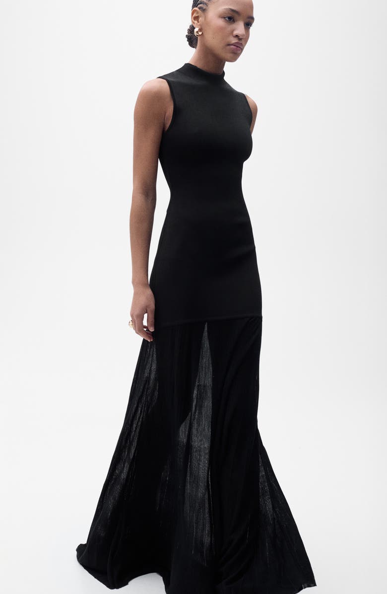 MANGO Mock Neck Semi Sheer Knit Gown, Alternate, color, Black