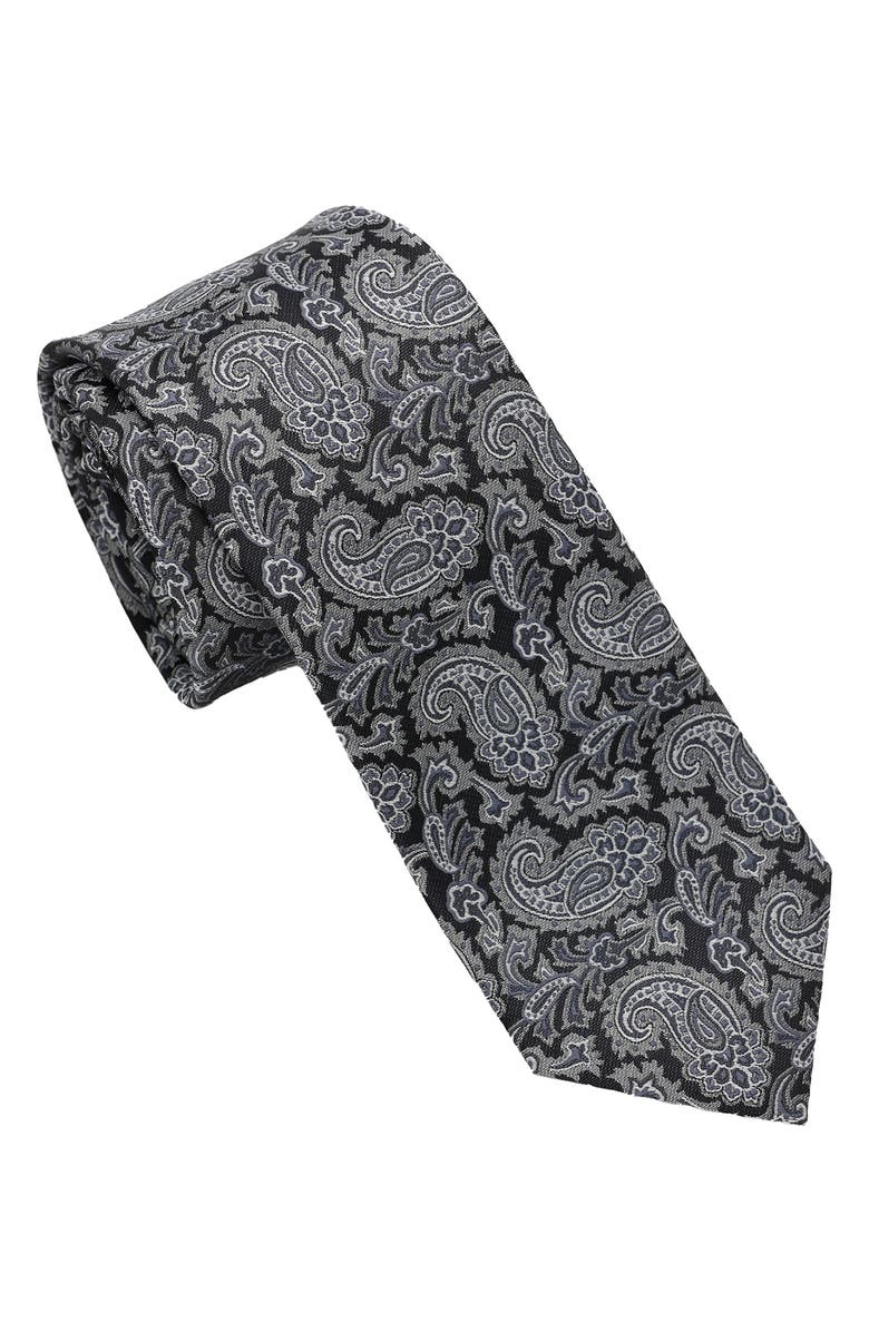 Hickey Freeman Paisley Print Tie, Main, color, Black/ White