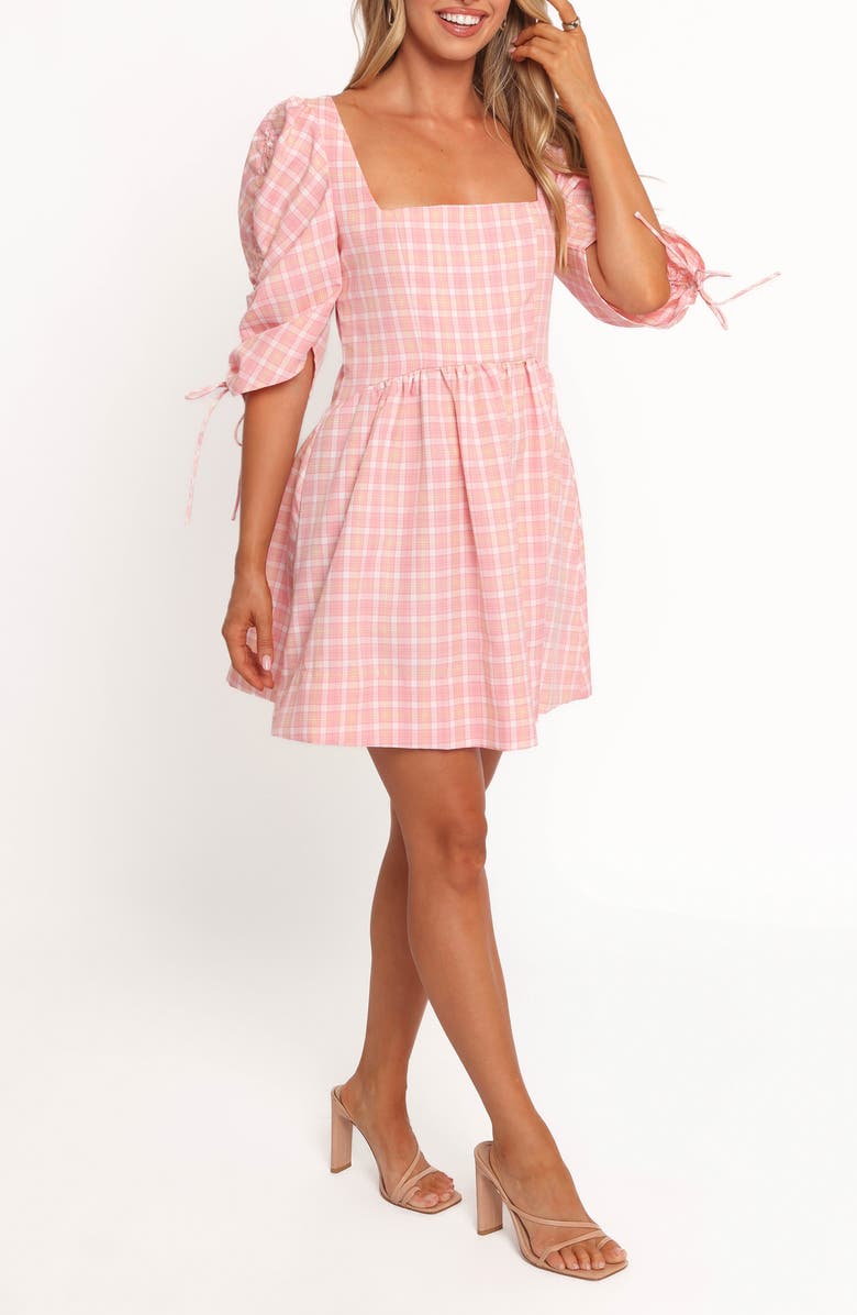 Petal & Pup Siena Check Puff Sleeve Minidress, Alternate, color, Pink Check