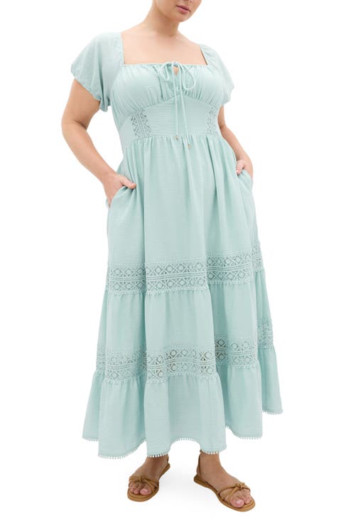 Haven Lace Trim Puff Sleeve Midi Dress (Plus)