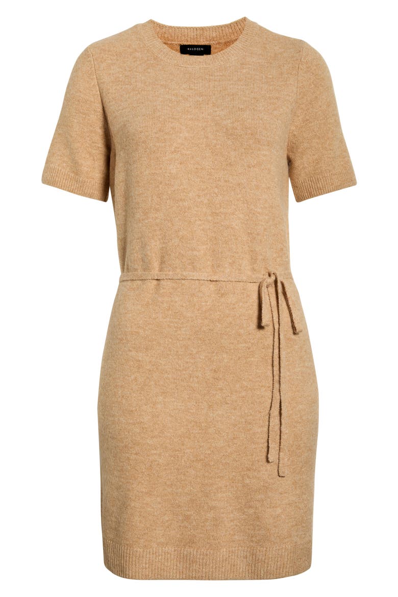 Short Sleeve Tie Waist Sweater Dress, Alternate, color, LATTE HEATHER