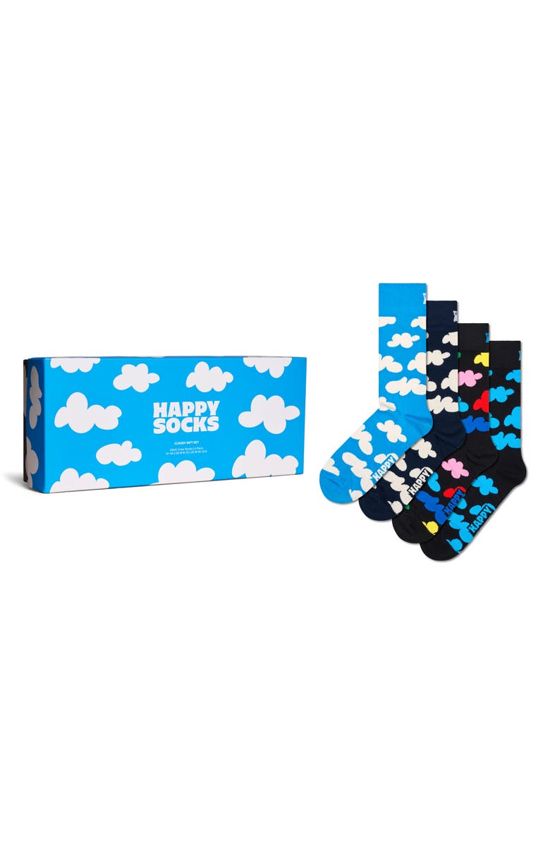 Happy Socks Cloudy Assorted 4-Pack Cotton Blend Crew Socks Gift Box, Alternate, color, Light Blue