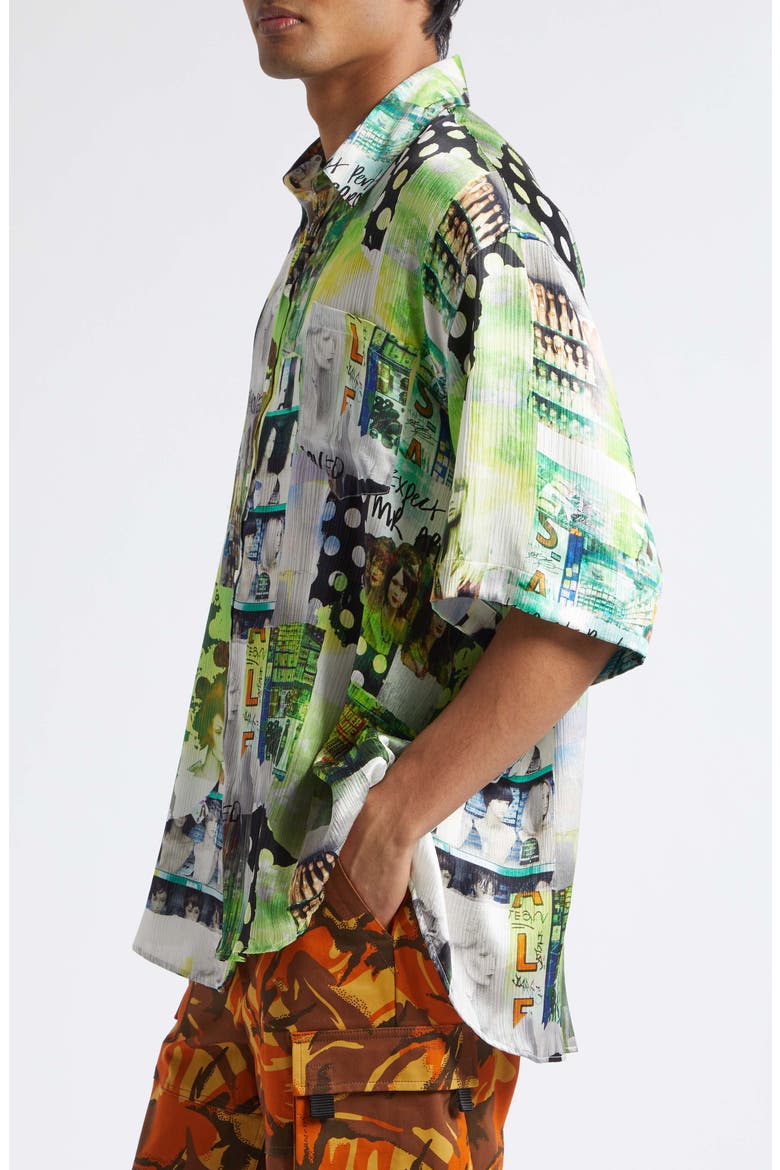 Patchwork Print Boxy Silk Button-Up Shirt, Alternate, color, GREEN WIGZ