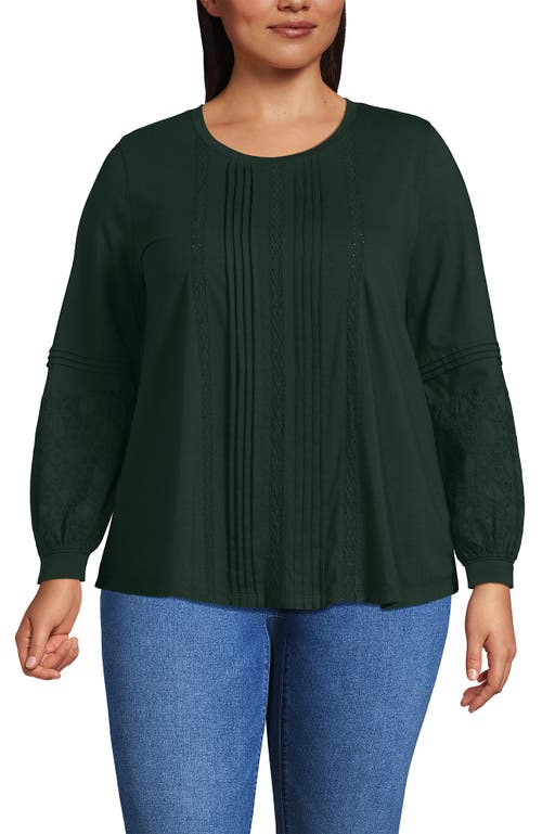 Lands' End Plus Size Lightweight Jersey Lace Mix Long Sleeve Pintuck Top In Green