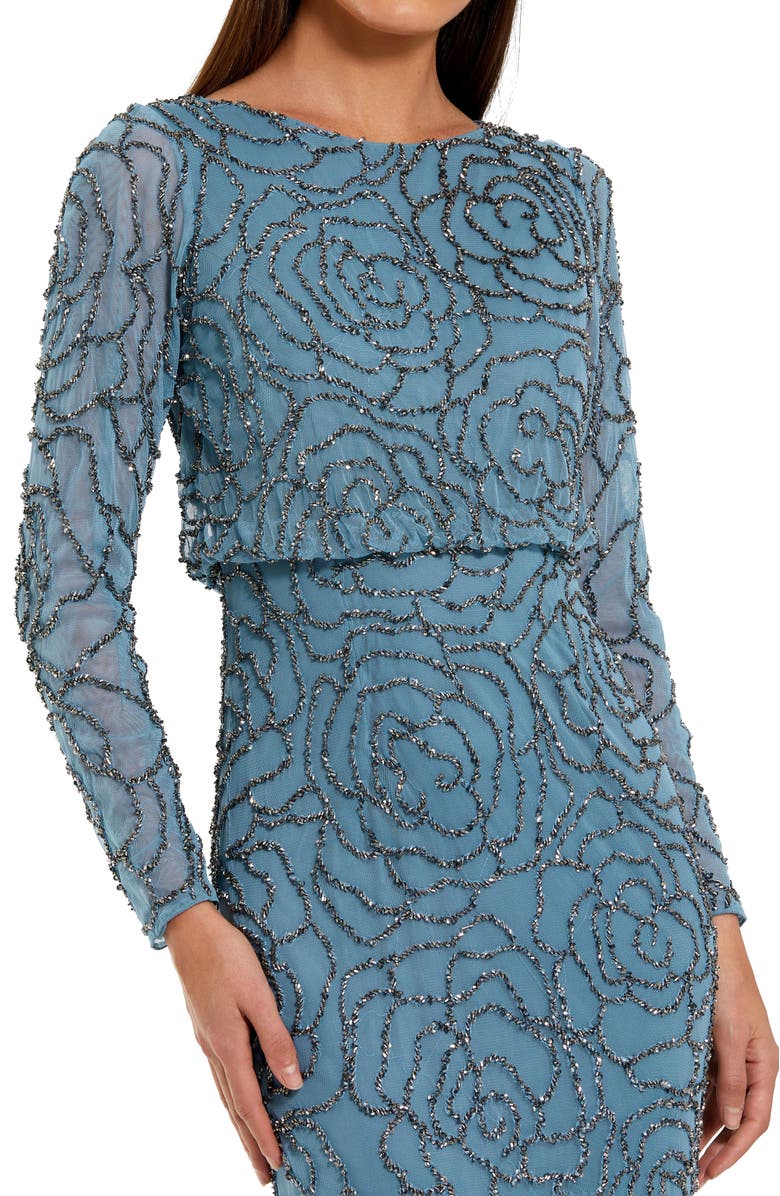 Mac Duggal Beaded Mesh Long Sleeve Blouson Top Gown, Alternate, color, Smoky Blue