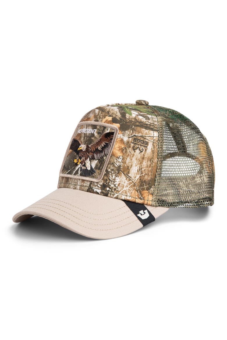 x Realtree Edge Represent Eagle Patch Trucker Hat, Main, color, CAMOUFLAGE