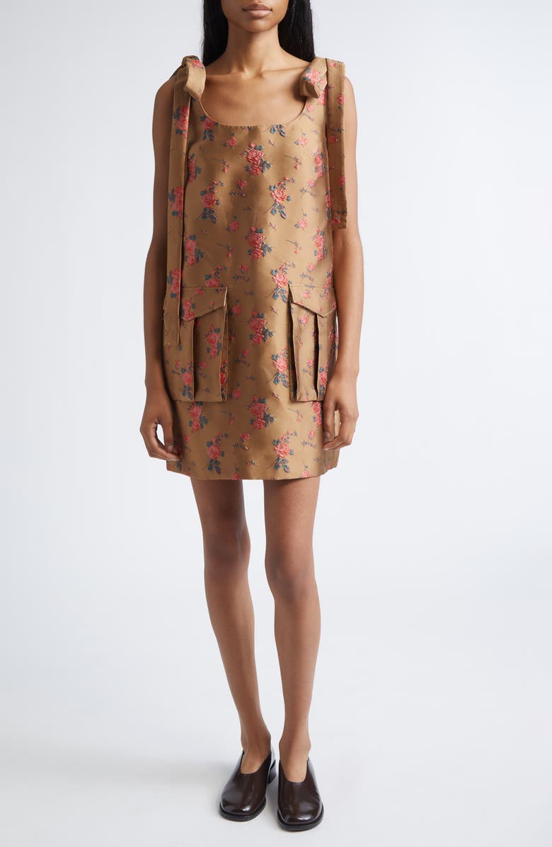 MONSE Floral Embroidered Metallic Satin Cargo Minidress, Main, color, Brown