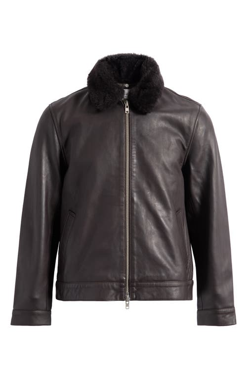 Wax London Kendal Leather Flight Jacket with Genuine Shearling Collar in Dark Brown 