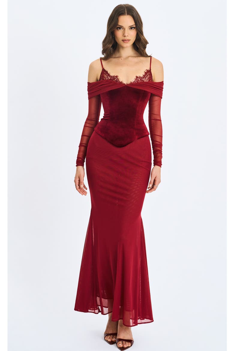 Maybelle Bardot Lace Strap Peplum Maxi Dress, Main, color, Magenta