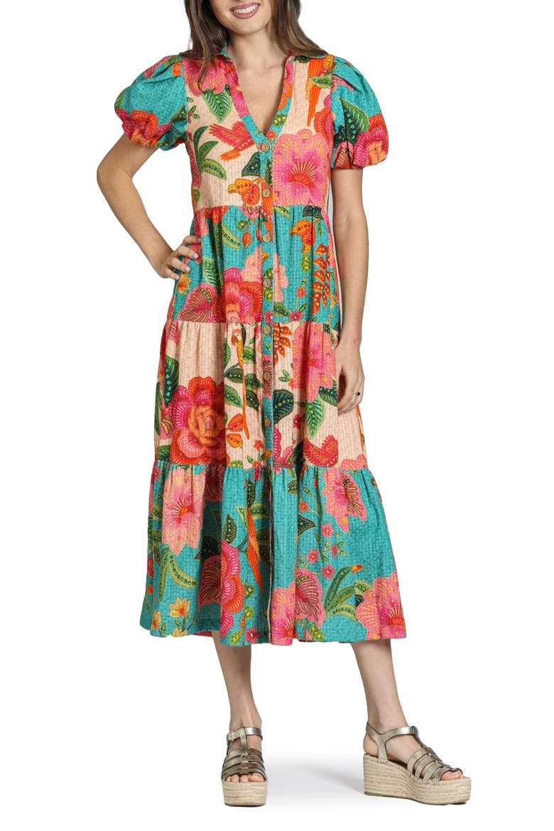 Mix Print Tiered Dress, Main, color, TURQUOISE MULTI