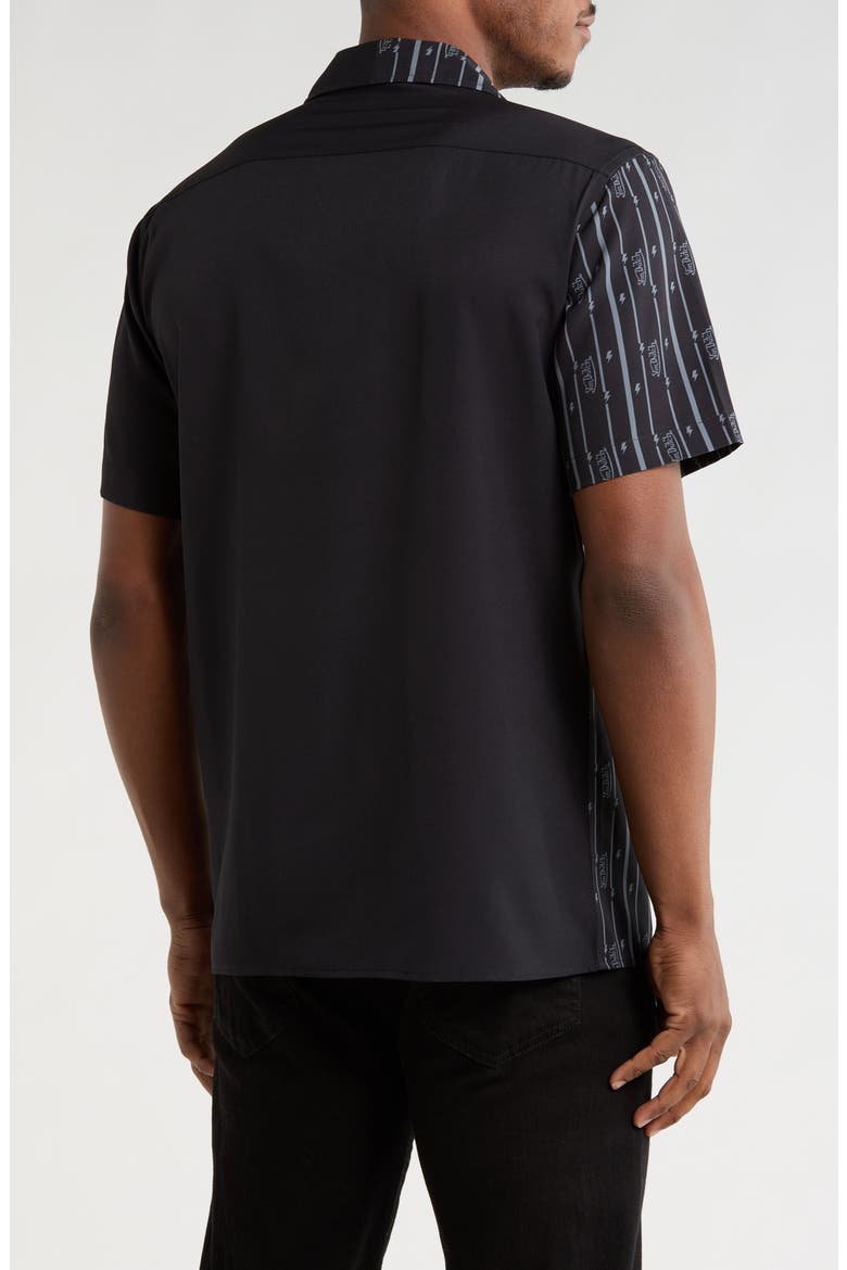 Logo Print Short Sleeve Button-Up Camp Shirt, Alternate, color, BLACK GREY
