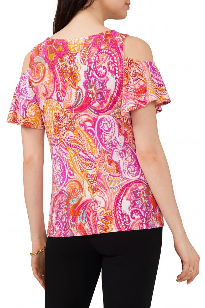 Print Cold Shoulder Top, Alternate, color, WHITE/ FUCHSIA/ MUSTARD