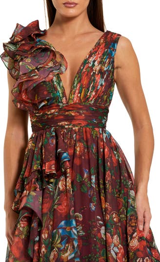 Floral Print Ballgown with Ruffle Shoulder and Plunging V-Neck