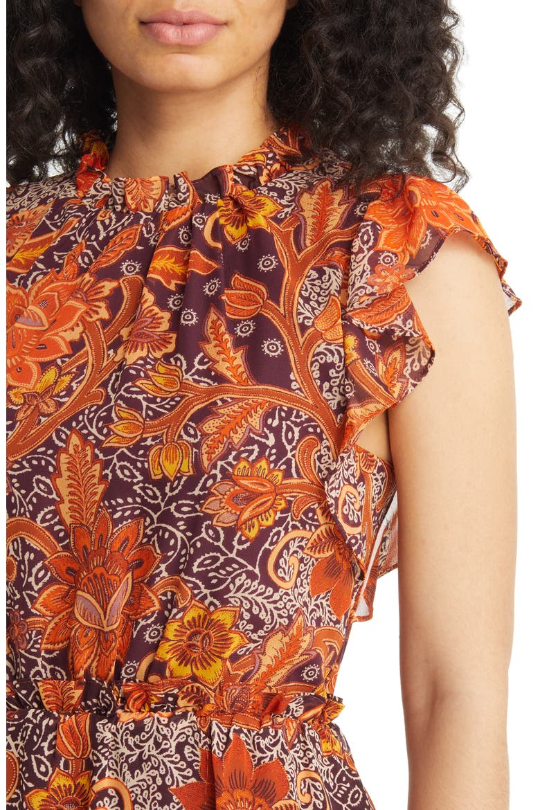 Floral Tiered Flutter Sleeve Midi Dress, Alternate, color, BROWN MULTI