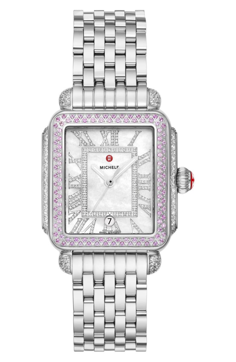 MICHELE Deco Madison Pink Sapphire & Diamond Bracelet Watch, 35mm, Main, color, 