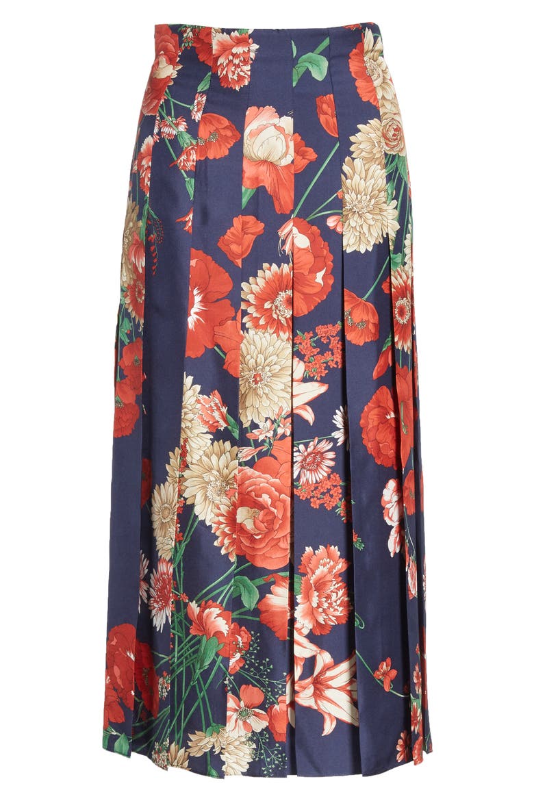 Spring Bouquet Print Silk Pleated Skirt, Alternate, color, BLUE/ RED PRINT
