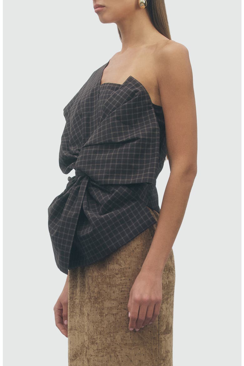Gia Plaid One-Shoulder Bow Top, Alternate, color, BLACK MULTI