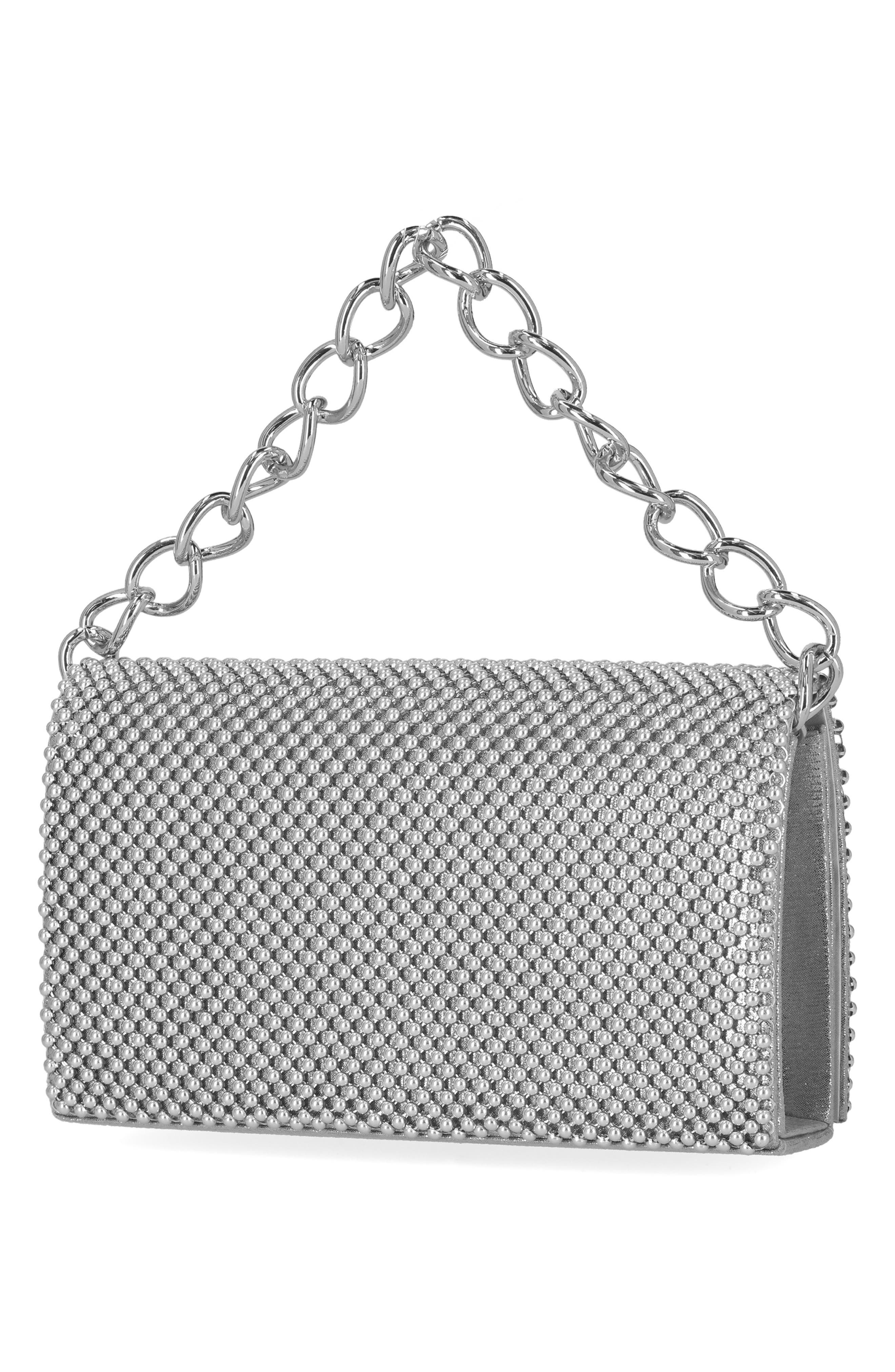 Jessica McClintock Damiana Beaded Metal Mesh Clutch, Alternate, color, Silver