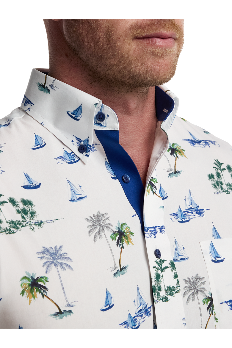 Cotton Buttondown Collar Poplin Tailored Contrast Trim Hemmed Sleeve Short Sleeve Shirt, Alternate, color, White Multi