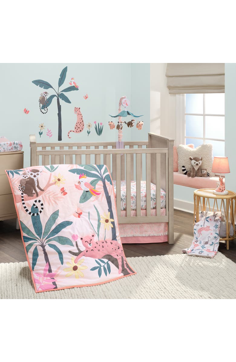 Lambs & Ivy Enchanted Safari Leopard/Lemur Jungle 3-Piece Baby Crib Bedding Set, Alternate, color, Coral
