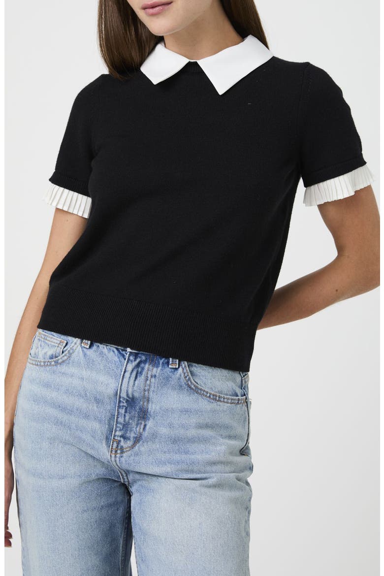 Mixed Media Short Sleeve Sweater, Main, color, BLACK/ WHITE