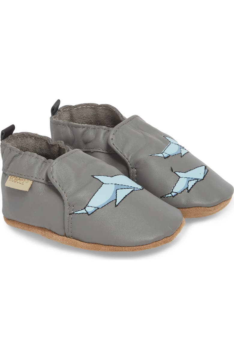 Robeez<sup>®</sup> Sharktastic Moccasin Crib Shoe, Main, color,
