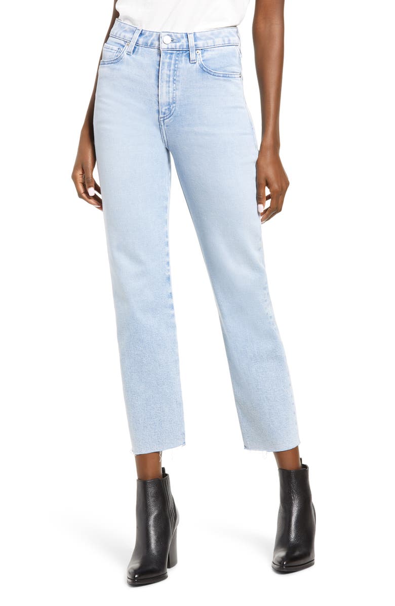 LE JEAN Sabine High Waist Raw Hem Ankle Straight Leg Jeans, Main, color, 
