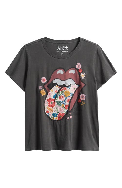 Shop Lucky Brand Rolling Stones Floral Embroidered Hot Lips Graphic T-shirt In Jet Black