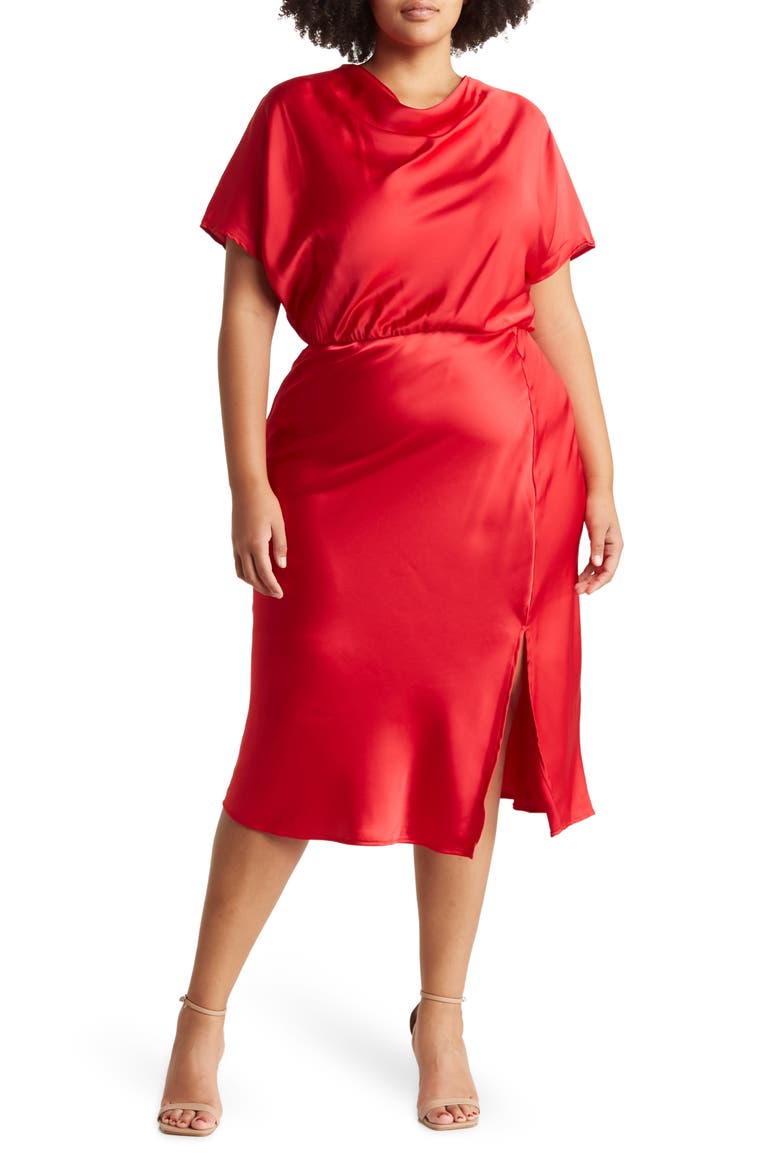Satin Off the Shoulder Dress, Main, color, RED
