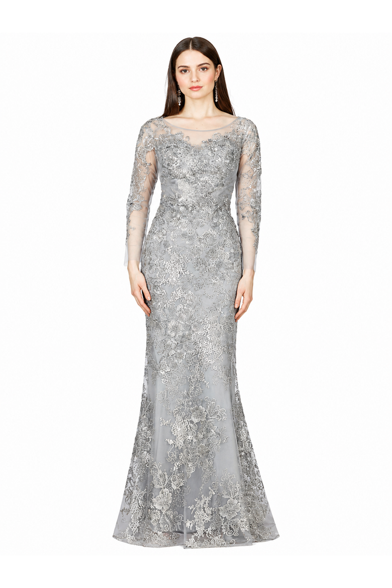 High Neck Long Sleeve Fitted Lace Gown, Main, color, Thistle