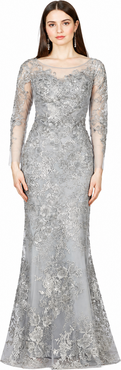 LARA New York High Neck Long Sleeve Fitted Lace Gown