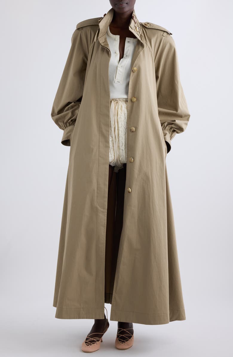 Chloé High Neck Cotton Gabardine Trench Coat, Main, color, Soften Brown