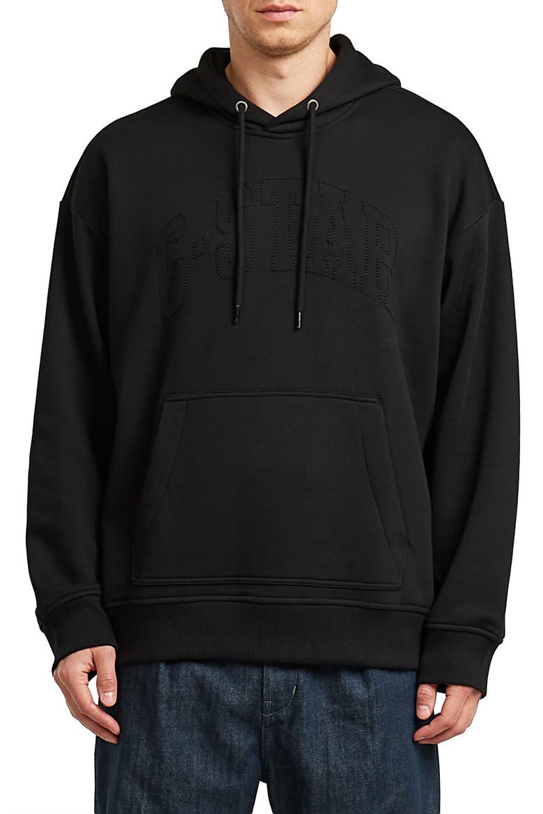 Embroidered Heavyweight Fleece Hoodie, Main, color, DARK BLACK