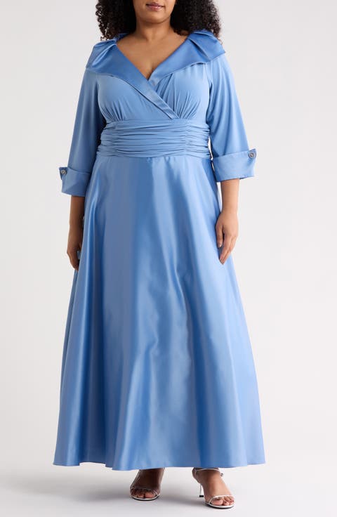 Portrait Collar Mixed Media Gown (Plus)
